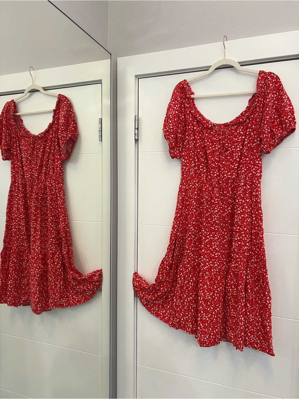Red floral midi dress with puff sleeves and square neckline in large